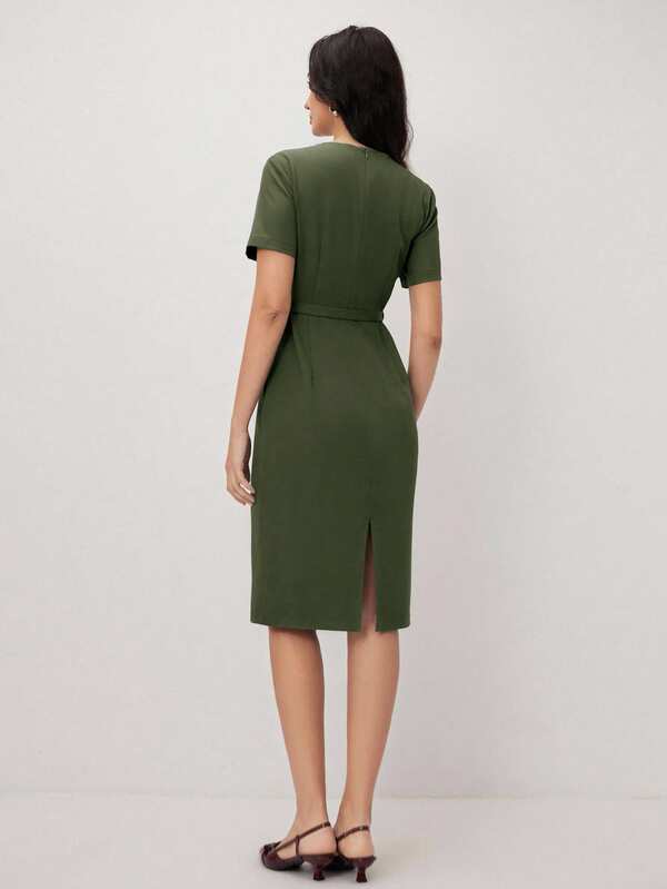 Vestido Midi Ajustado Com Cinto Estilo Minimalista