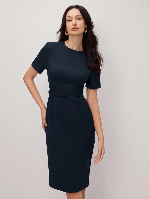 Vestido Midi Ajustado Com Cinto Estilo Minimalista