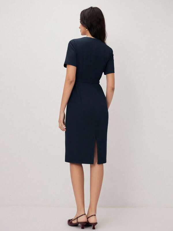 Vestido Midi Ajustado Com Cinto Estilo Minimalista