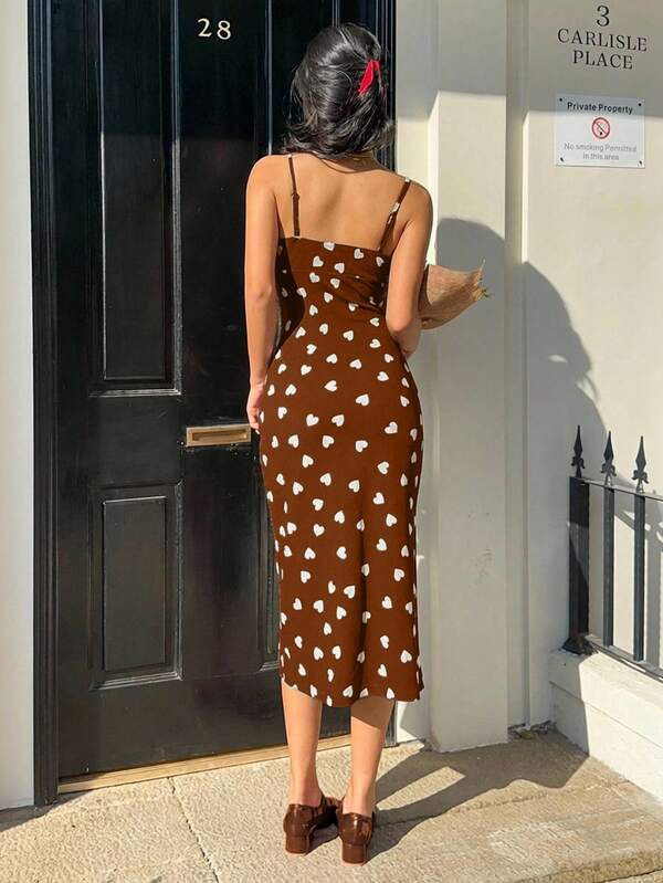Vestido Midi Alças Finas Com Fenda Estampa Corações