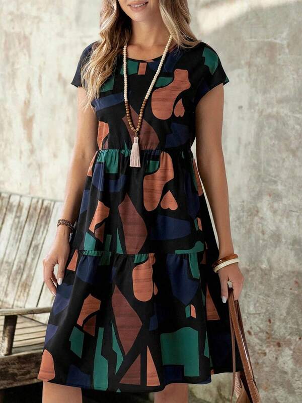 Vestido Soltinho Com Recortes Estampa Abstrata Casual