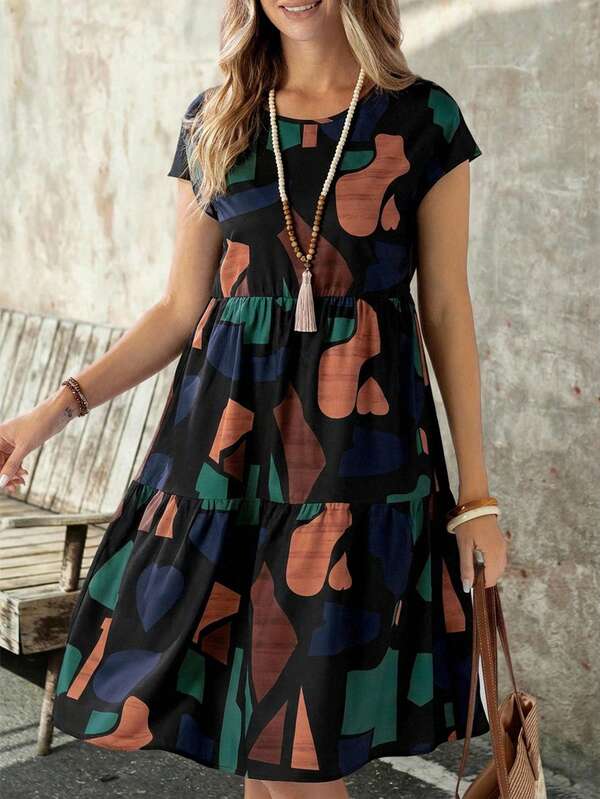Vestido Soltinho Com Recortes Estampa Abstrata Casual