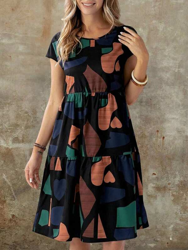 Vestido Soltinho Com Recortes Estampa Abstrata Casual