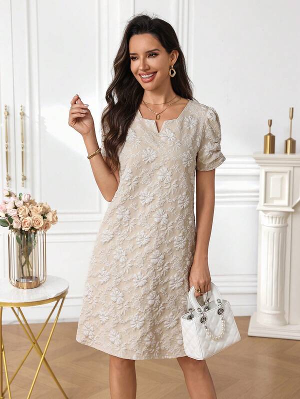 Vestido Curto Texturizado Manga Curta Estilo Casual Elegante