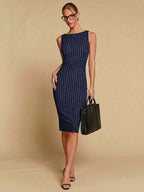 Vestido Midi Ajustado Com Listras E Estilo Clássico