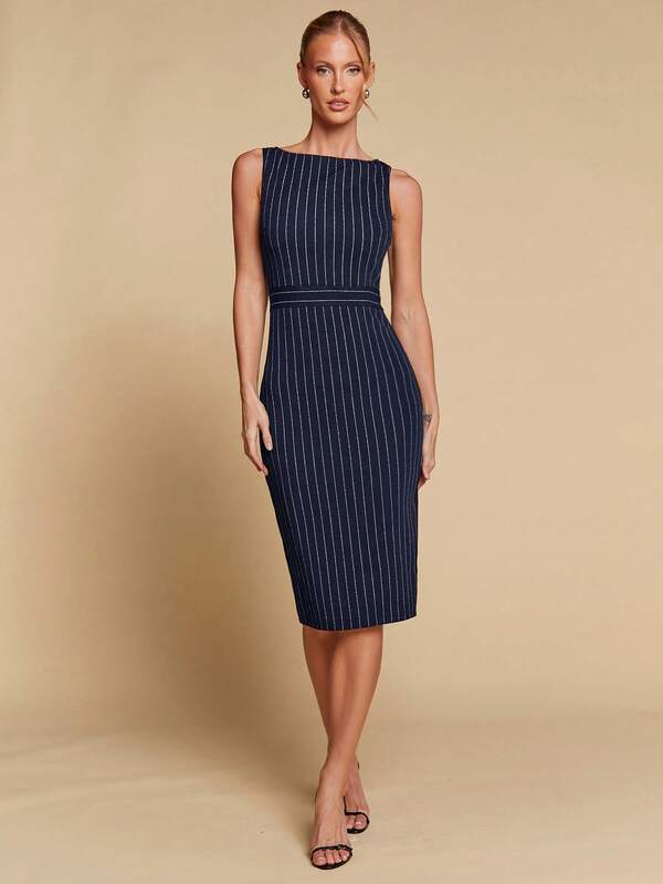 Vestido Midi Ajustado Com Listras E Estilo Clássico