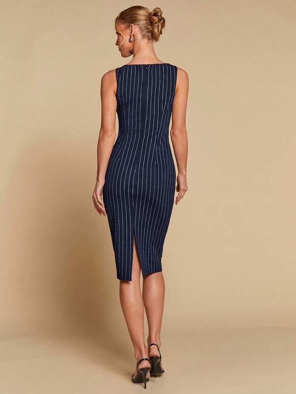 Vestido Midi Ajustado Com Listras E Estilo Clássico