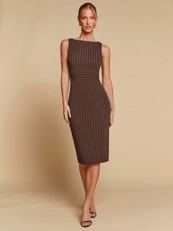 Vestido Midi Ajustado Com Listras E Estilo Clássico