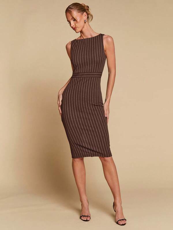Vestido Midi Ajustado Com Listras E Estilo Clássico