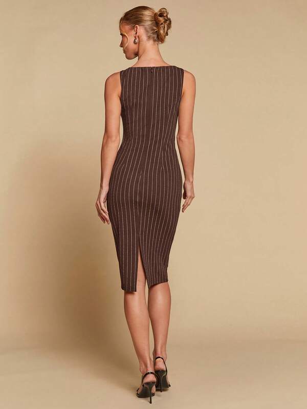 Vestido Midi Ajustado Com Listras E Estilo Clássico
