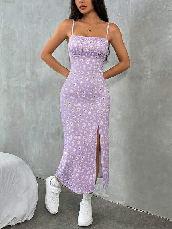 Vestido Midi Alças Finas Com Fenda Estampa Floral Casual