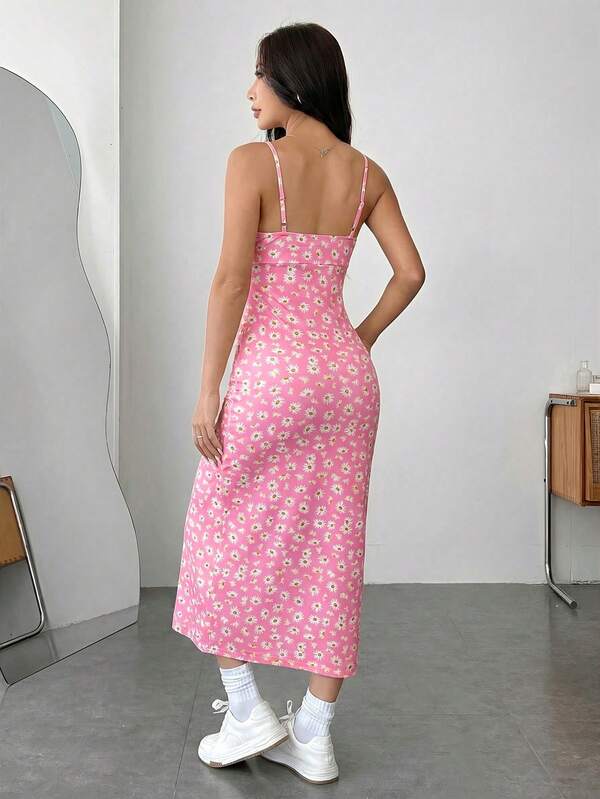 Vestido Midi Alças Finas Com Fenda Estampa Floral Casual