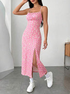 Vestido Midi Alças Finas Com Fenda Estampa Floral Casual