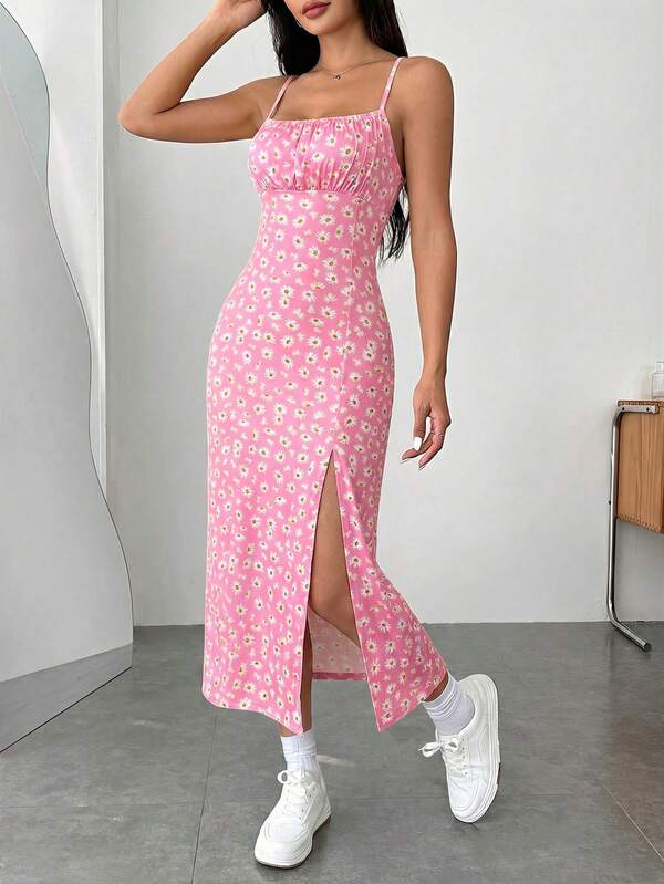 Vestido Midi Alças Finas Com Fenda Estampa Floral Casual