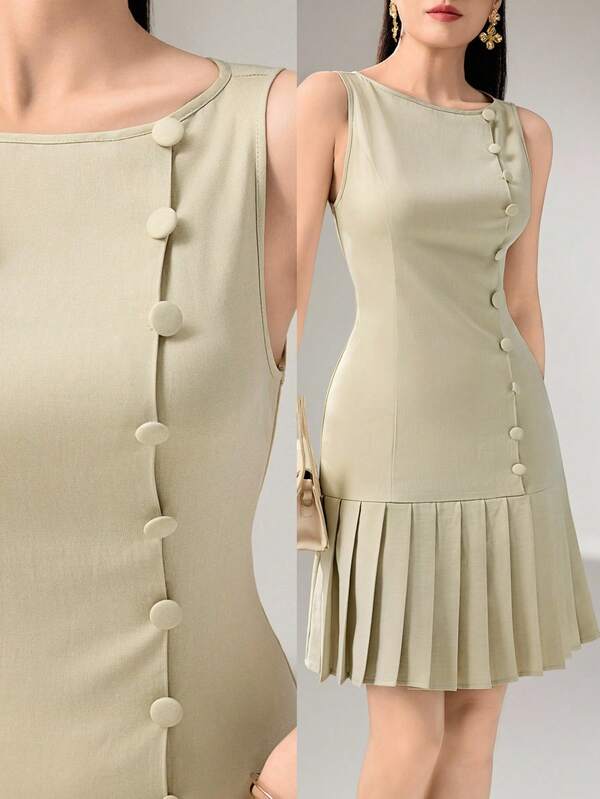 Vestido Curto Evasê Com Botões E Barra Plissada