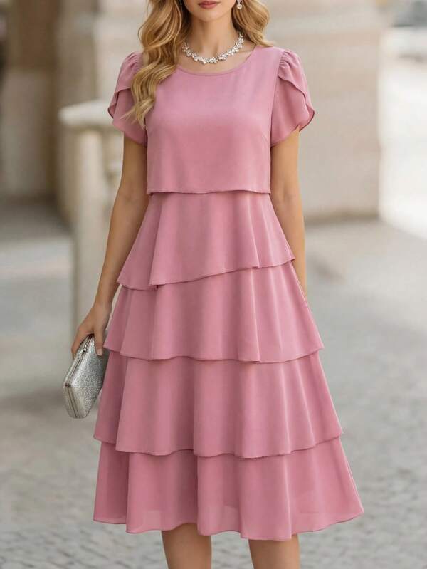 Vestido Midi Com Babados Em Camadas E Manga Curta