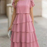 Vestido Midi Com Babados Em Camadas E Manga Curta