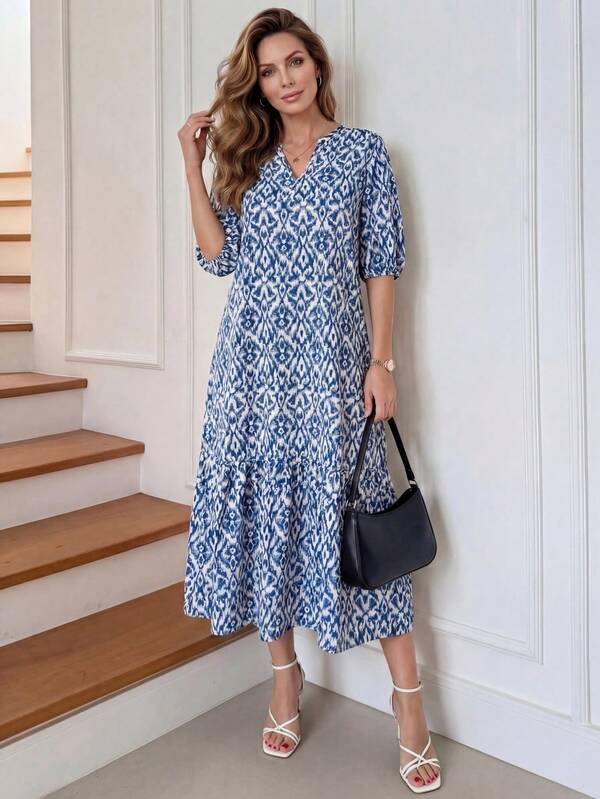 Vestido Midi Decote V Com Estampa Abstrata E Babados