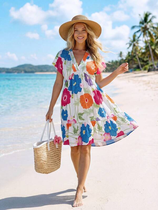 Vestido Curto Decote V Com Estampa Tropical Resort