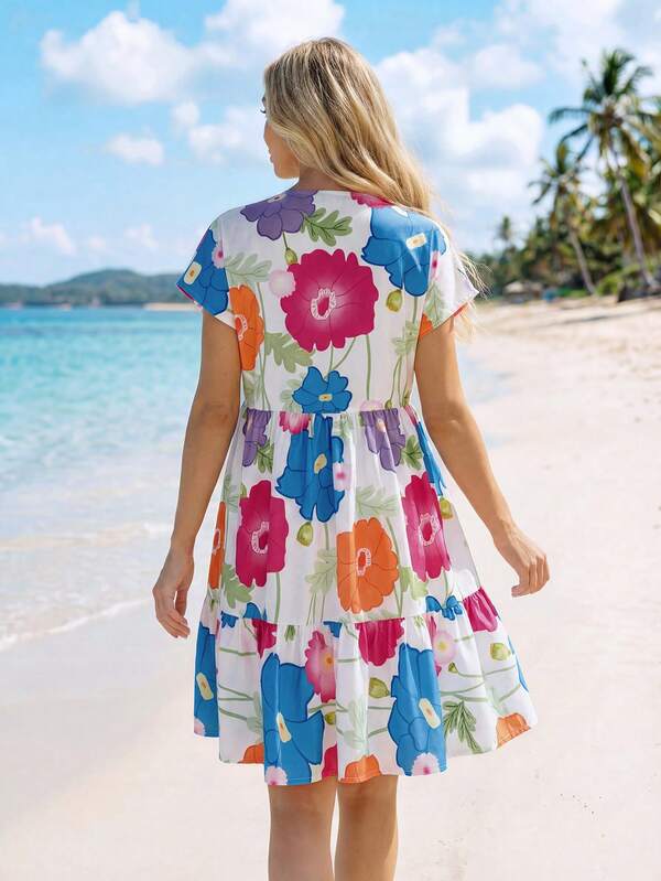 Vestido Curto Decote V Com Estampa Tropical Resort