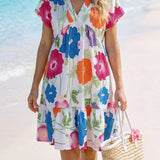 Vestido Curto Decote V Com Estampa Tropical Resort