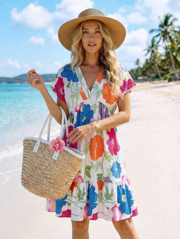 Vestido Curto Decote V Com Estampa Tropical Resort