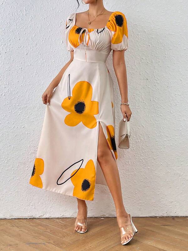Vestido Midi Com Manga Bufante E Estampa Floral Moderna