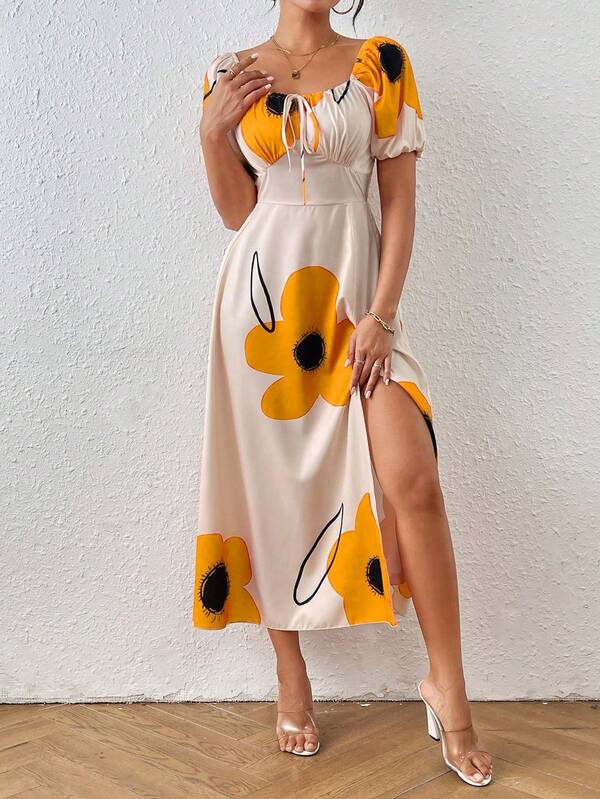 Vestido Midi Com Manga Bufante E Estampa Floral Moderna