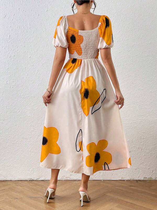 Vestido Midi Com Manga Bufante E Estampa Floral Moderna