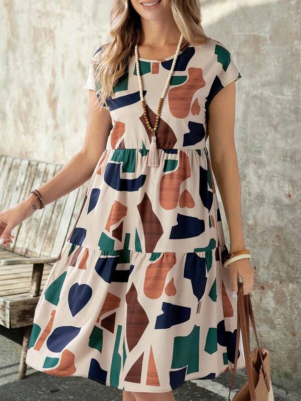 Vestido Soltinho Com Recortes Estampa Abstrata Casual