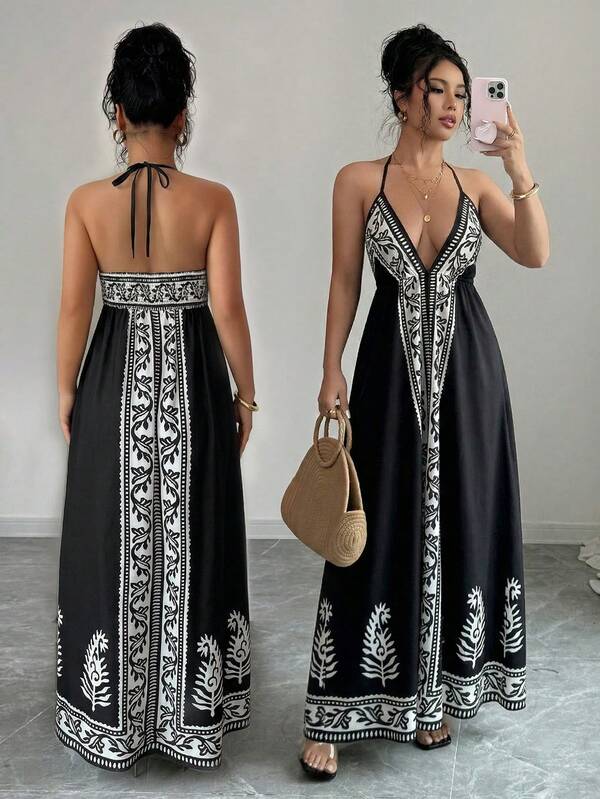 Vestido Longo Frente Única Estampado Estilo Resort