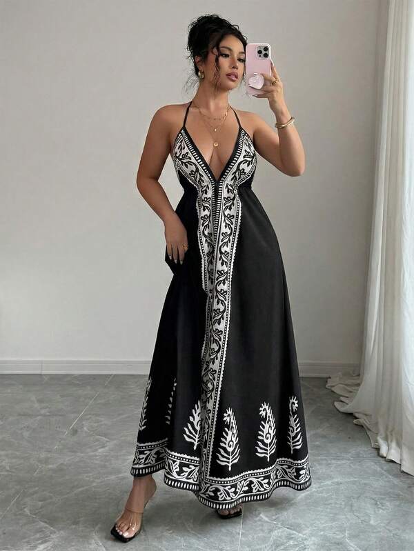 Vestido Longo Frente Única Estampado Estilo Resort