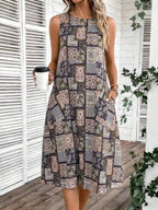 Vestido Midi Evasê Sem Mangas Com Bolsos Estilo Minimalista