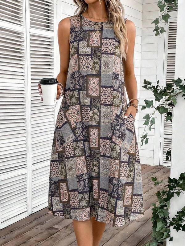 Vestido Midi Evasê Sem Mangas Com Bolsos Estilo Minimalista