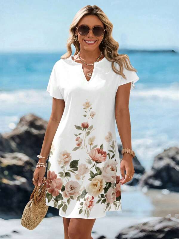 Vestido Curto Decote V Com Estampa Floral Delicada