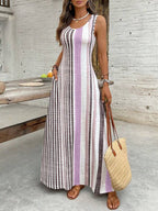 Vestido Longo Regata Com Estampa Listrada Estilo Resort