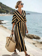 Vestido Longo Transpassado Com Estampa Listrada Resort