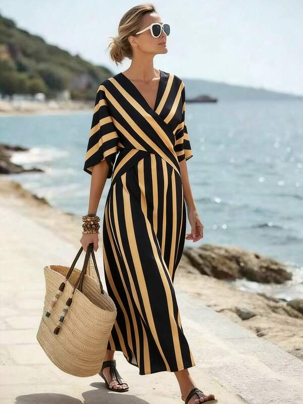 Vestido Longo Transpassado Com Estampa Listrada Resort