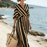 Vestido Longo Transpassado Com Estampa Listrada Resort