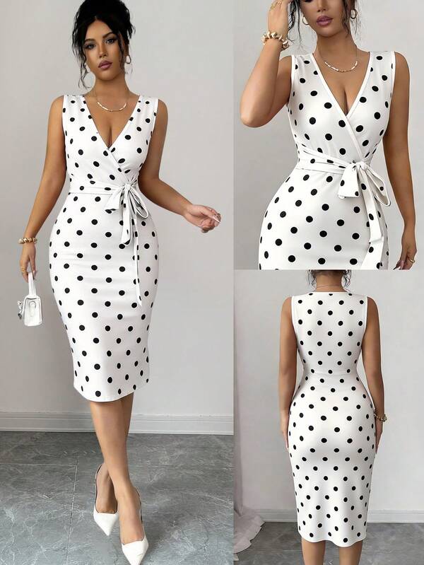 Vestido Midi Transpassado Com Faixa Estampa Poá