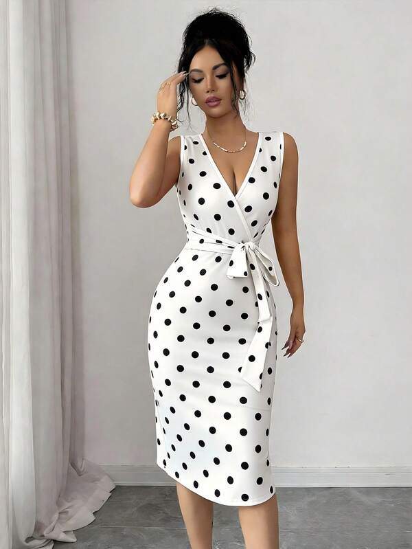 Vestido Midi Transpassado Com Faixa Estampa Poá