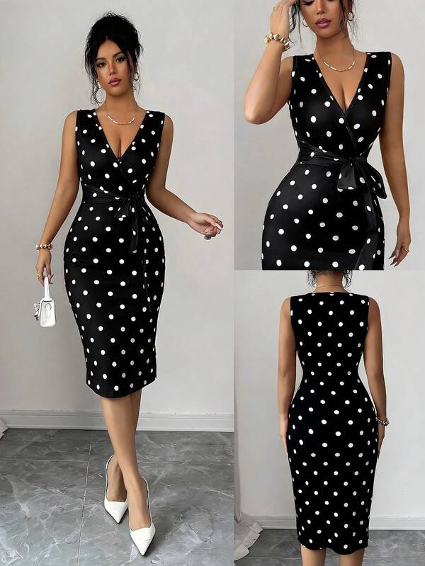 Vestido Midi Transpassado Com Faixa Estampa Poá