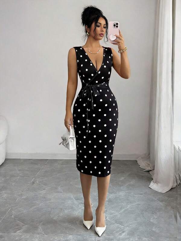 Vestido Midi Transpassado Com Faixa Estampa Poá