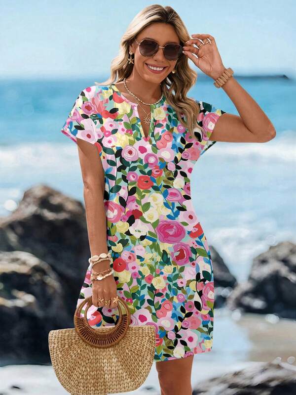 Vestido Curto Com Estampa Floral Abstrata Estilo Resort