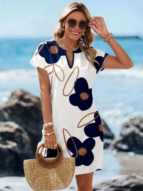 Vestido Curto Com Estampa Listrada E Manga Curta Casual