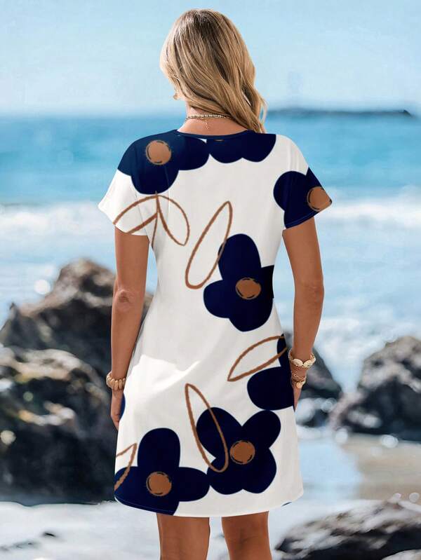 Vestido Curto Com Estampa Listrada E Manga Curta Casual