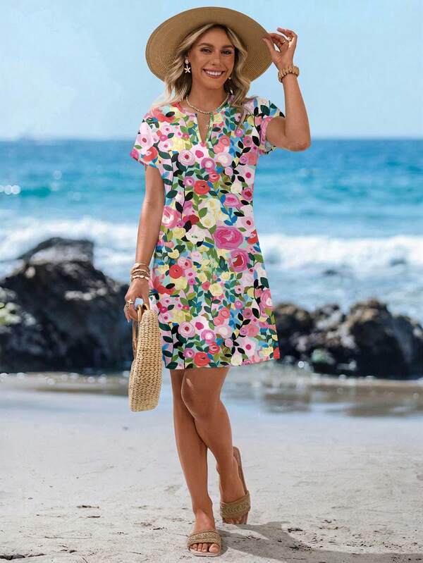 Vestido Curto Com Estampa Floral Abstrata Estilo Resort