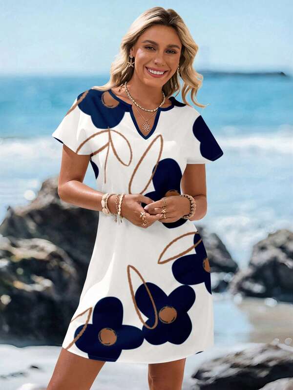Vestido Curto Com Estampa Listrada E Manga Curta Casual
