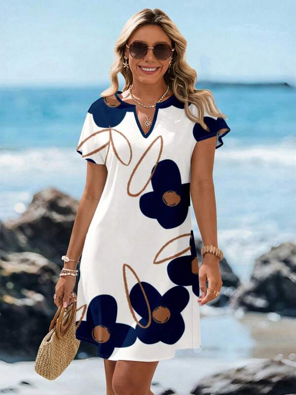 Vestido Curto Com Estampa Listrada E Manga Curta Casual