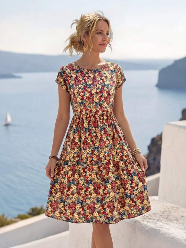 Vestido Midi Com Estampa Floral E Manga Curta Casual